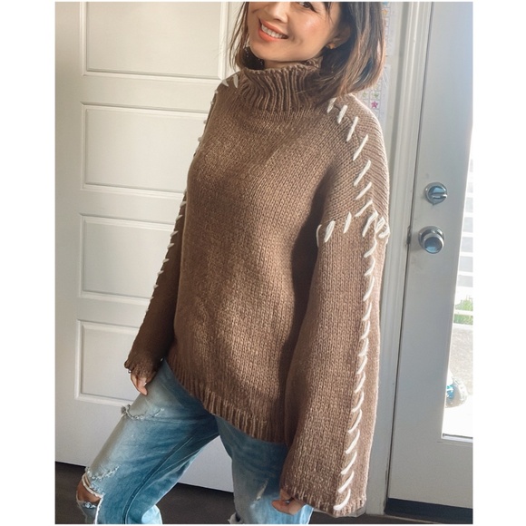 Cozy Mocha Brown Stitched Detail Turtleneck Sweater Top - Picture 10 of 12